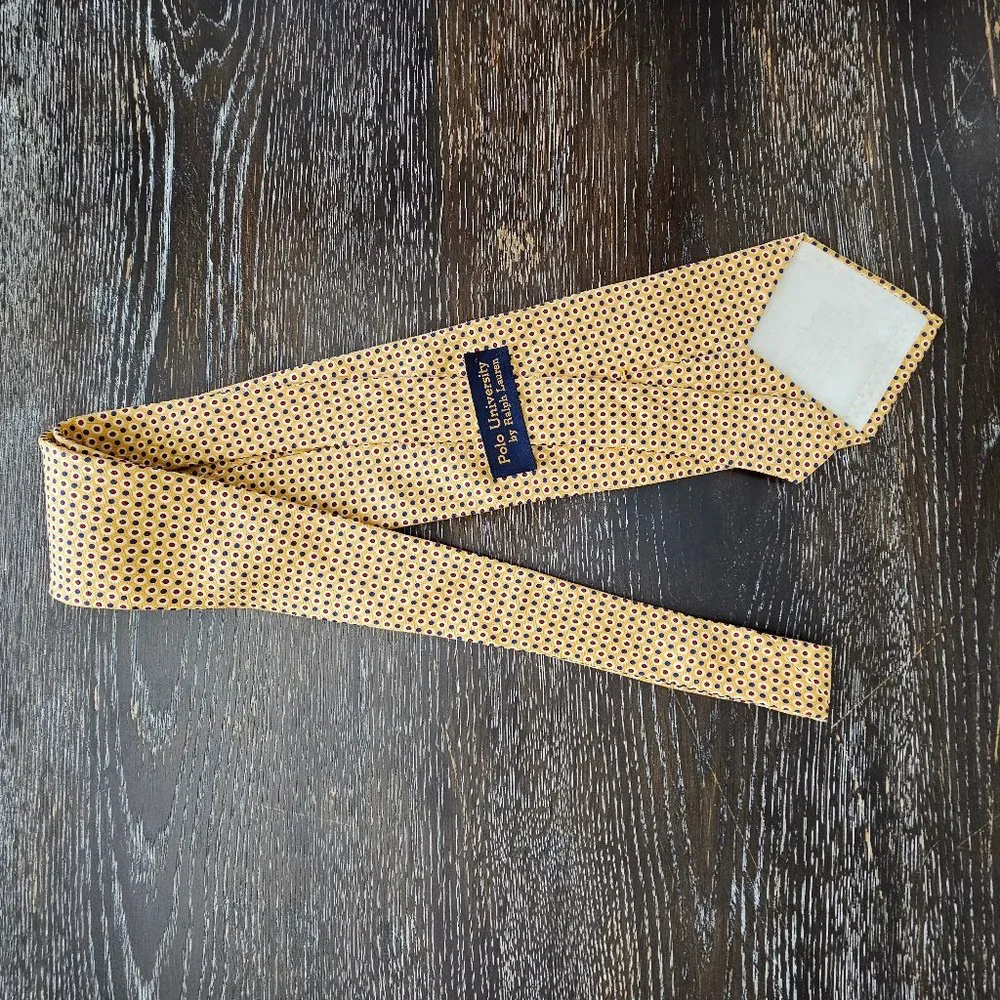 EUC Polo University by Ralph Lauren Men's Silk Polka Dots on Yellow Necktie Tie - Picture 2 of 4